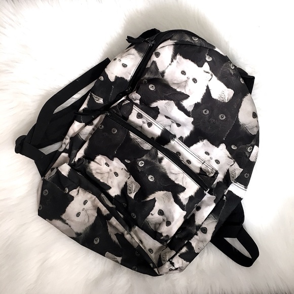 Hot Topic Handbags - Black and White Cat Print Backpack - 21